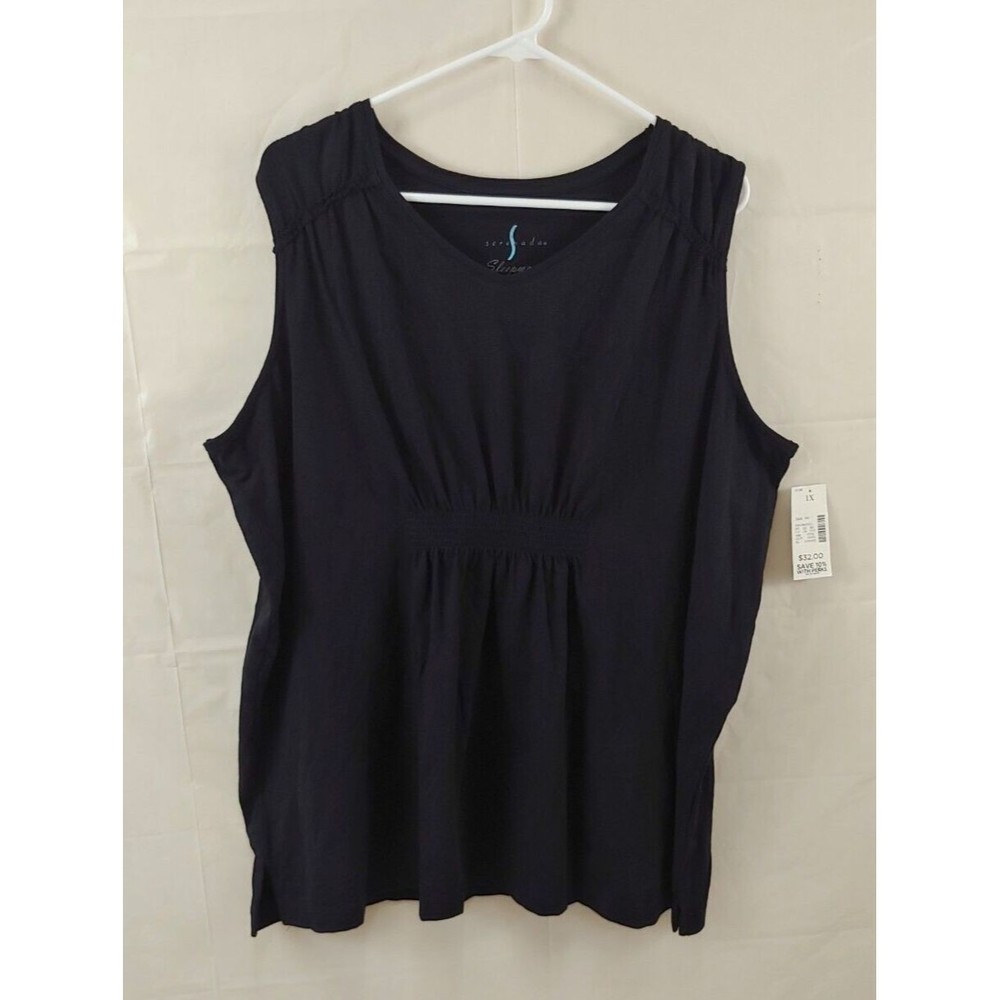 Catherines Serenada Womens Sleep Pajama Top 1X Black Sleeveless Cotton Stretch